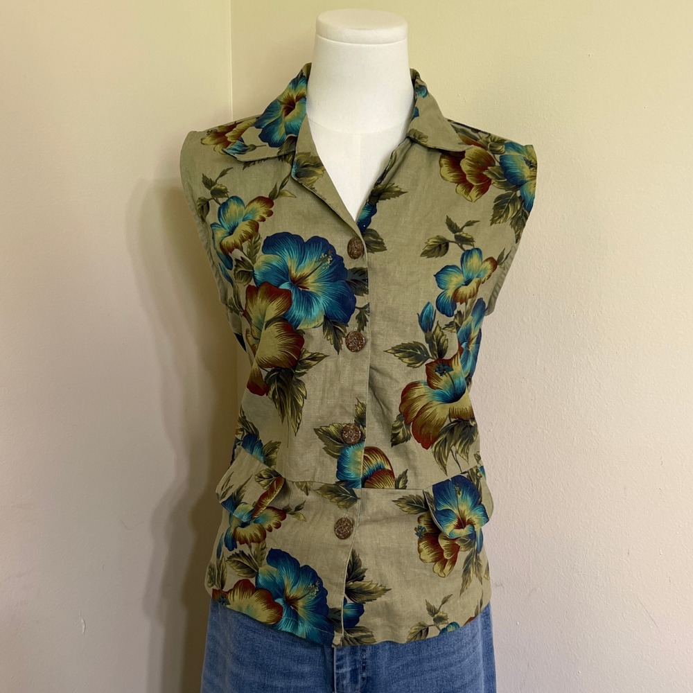 Linen Cotton Tropical Hibiscus Floral Sleeveless Shirt Sz S